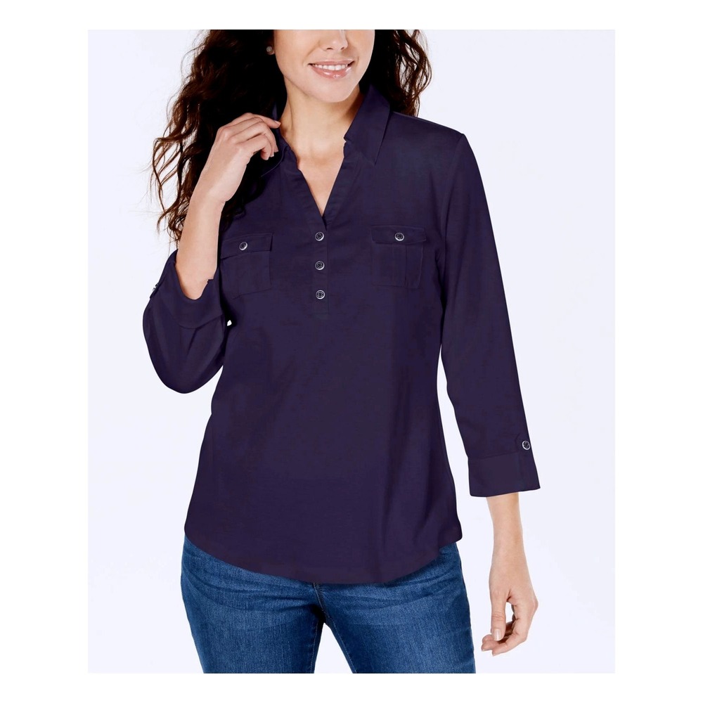 PLUS 4X XXL KAREN SCOTT Women's 3/4 Sleeve Woven Shirt polo styling solid‎ blue